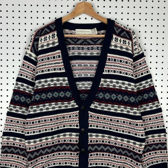 Expressions Northern Isle Cardigan‎ Knit Sweater Large Blue Red Cream Cosby 90s - Picture 2 of 6